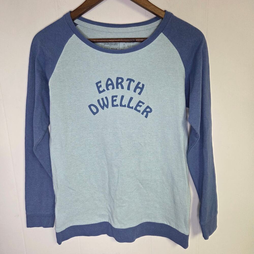 Patagonia Spell Out Baseball T Shirt Blue Earth Dweller Responsibili-Tee Size XS